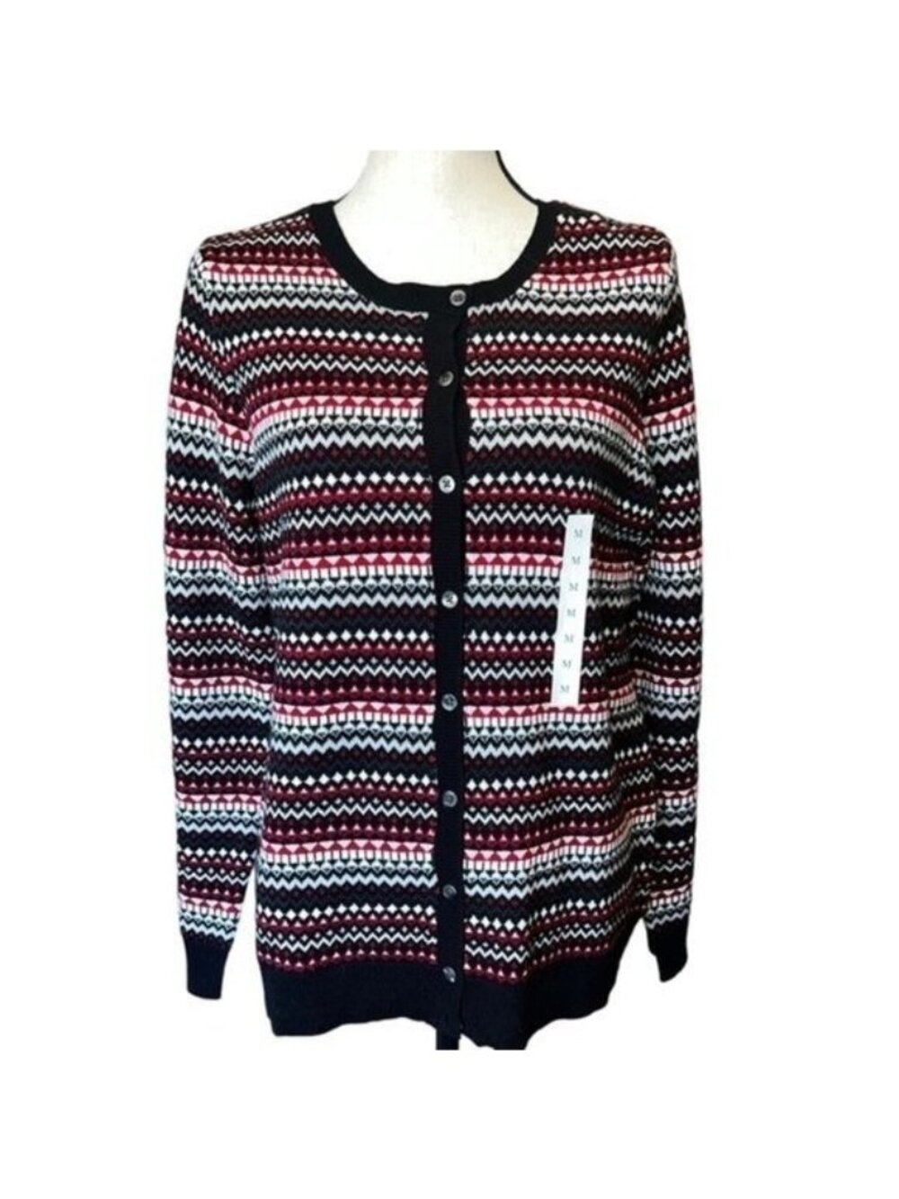 Croft & Barrow Sweater Womens M Black Red White Fair Isle Cardigan
